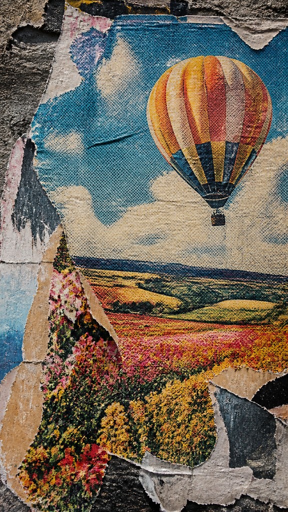 a hot air balloon drifting over rolling flower fields on a sunny day, cheerful, no text — Wheatpaste Poster Street Art Style greeting card