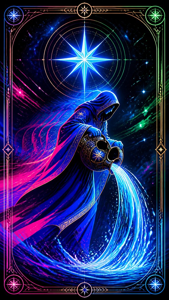 a robed figure pouring water beneath a large eight-pointed star in a night sky, symmetrical composition with an ornate decorative border, no text — Motion Graphics Digital Art Style tarot card