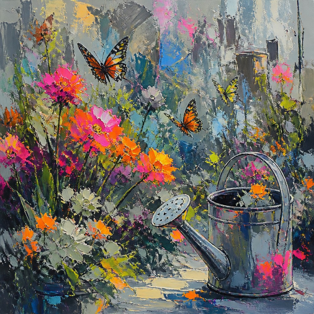 a garden scene with butterflies, flowers and a watering can, clean uncolored line art, no text — Urban Impressionism Art Style coloring page