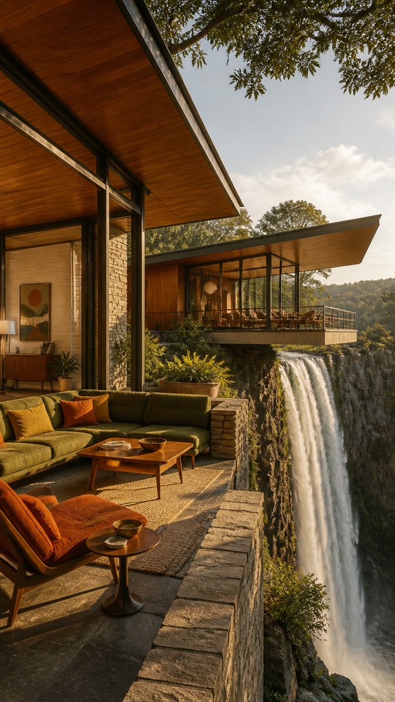 towering waterfall cascading down a cliff — Mid-Century Modern Architecture