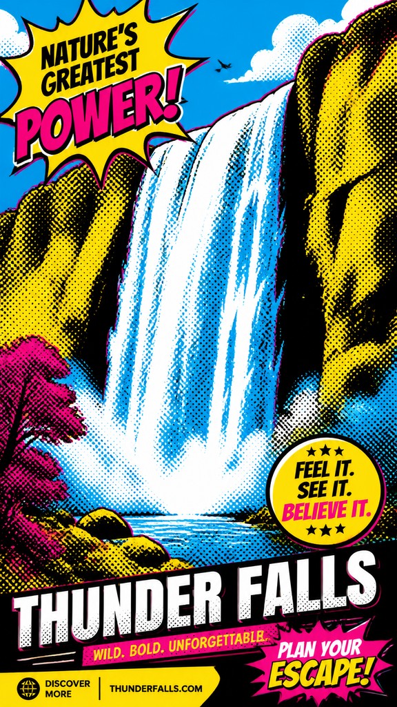 towering waterfall cascading down a cliff — Advertisement Pop Art Style