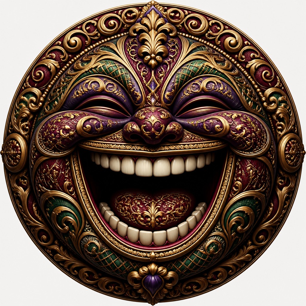 an exaggerated laughing face of an original round mascot character, bold and readable at small size, plain background, no text — Victorian Architecture Art Twitch emote
