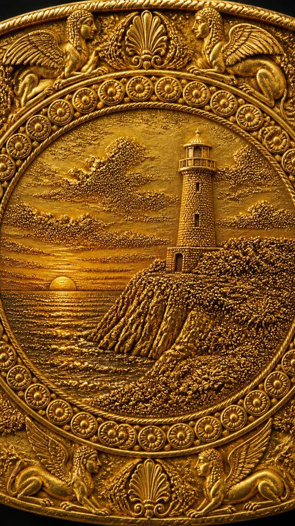 a lone lighthouse on a cliff at dusk under a dramatic sky, no text or lettering — Etruscan Granulation Jewelry Style poster