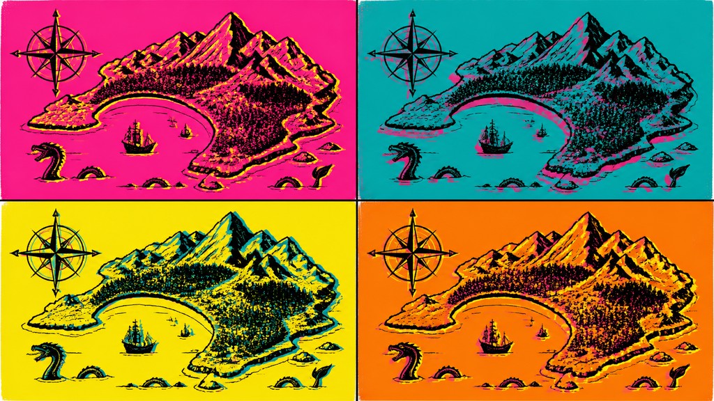 a map of an island realm with mountains, forests, a sheltered bay, sea monsters in the water and a compass rose, no text labels — Celebrity Portrait Pop Art Style fantasy map