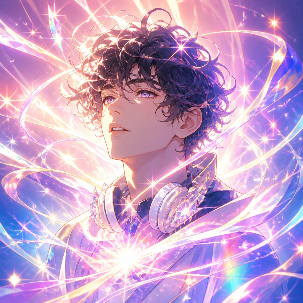 head-and-shoulders portrait of an original character: a young man with curly dark hair and headphones around his neck, plain backdrop, no text — Magical Girl Transformation Sequence Discord profile picture