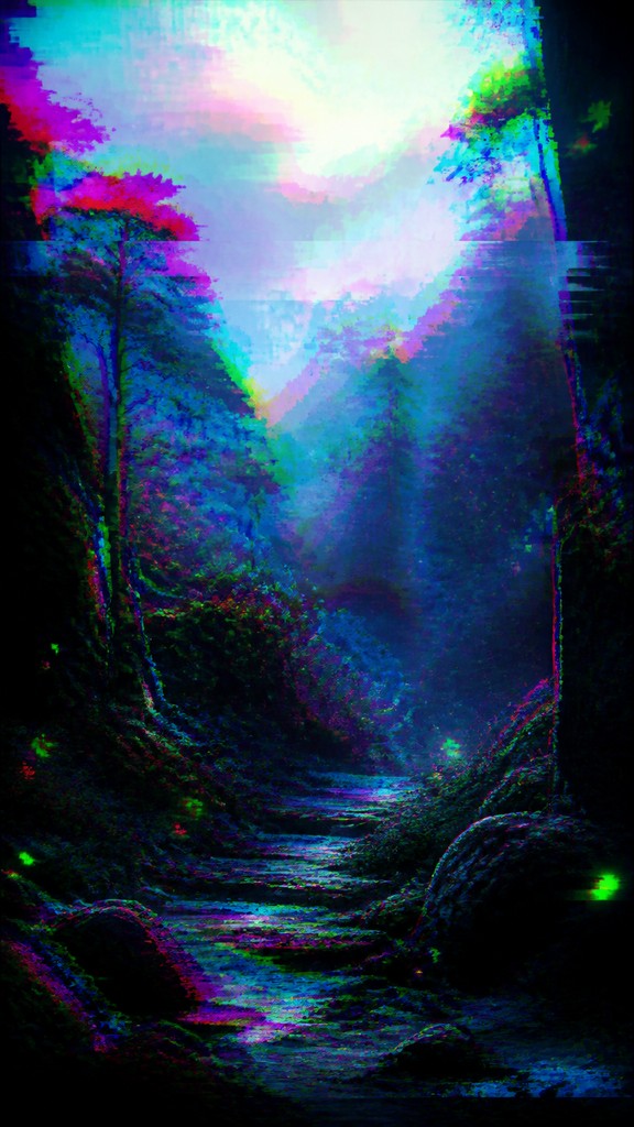 a mysterious forest path with fireflies and drifting mist, atmospheric vertical composition with open space at the top, no text — Digital Glitch Modern Art Style book cover