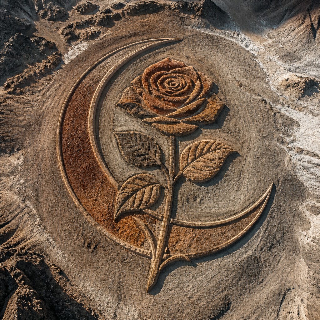 a rose entwined with a crescent moon, clean balanced composition on a plain background, no text — Land Art Style tattoo design