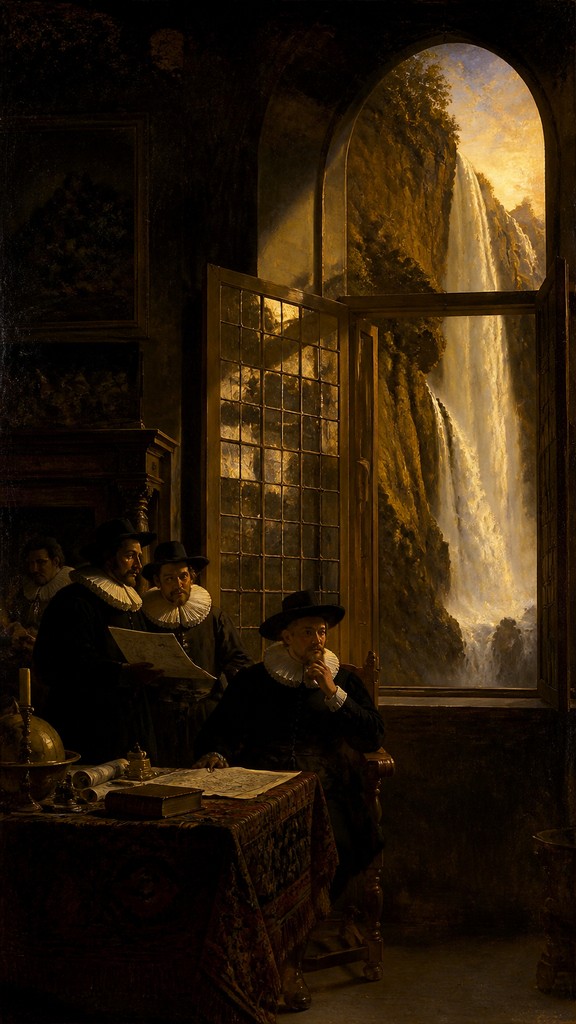 towering waterfall cascading down a cliff — Amsterdam Golden Age Art Style