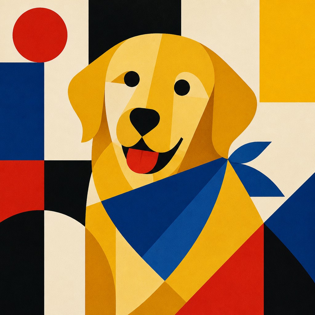 portrait of a golden retriever wearing a blue bandana, warm plain backdrop, no text — Bauhaus Art Style pet portrait