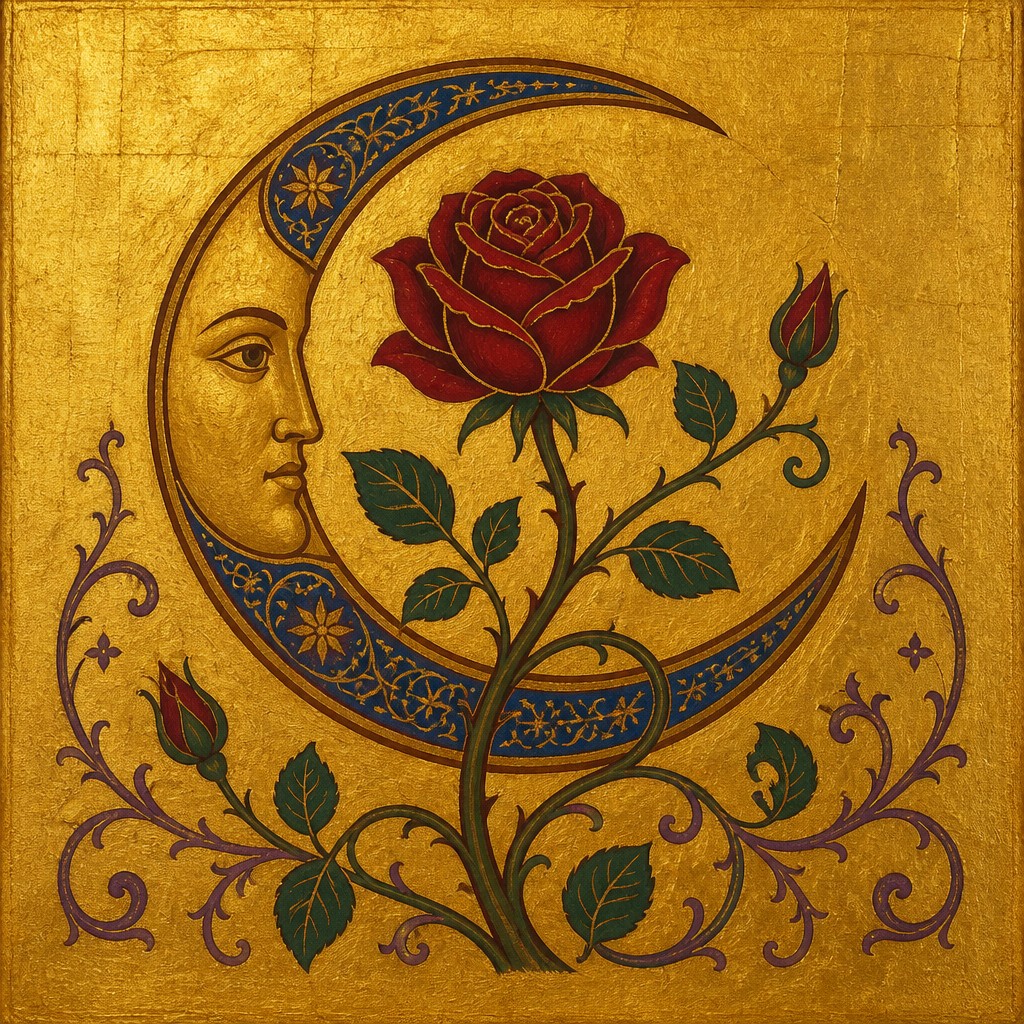 a rose entwined with a crescent moon, clean balanced composition on a plain background, no text — Byzantine Art Style tattoo design