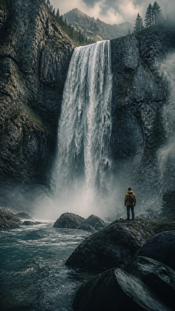 towering waterfall cascading down a cliff — VFX Compositing Digital Art Style