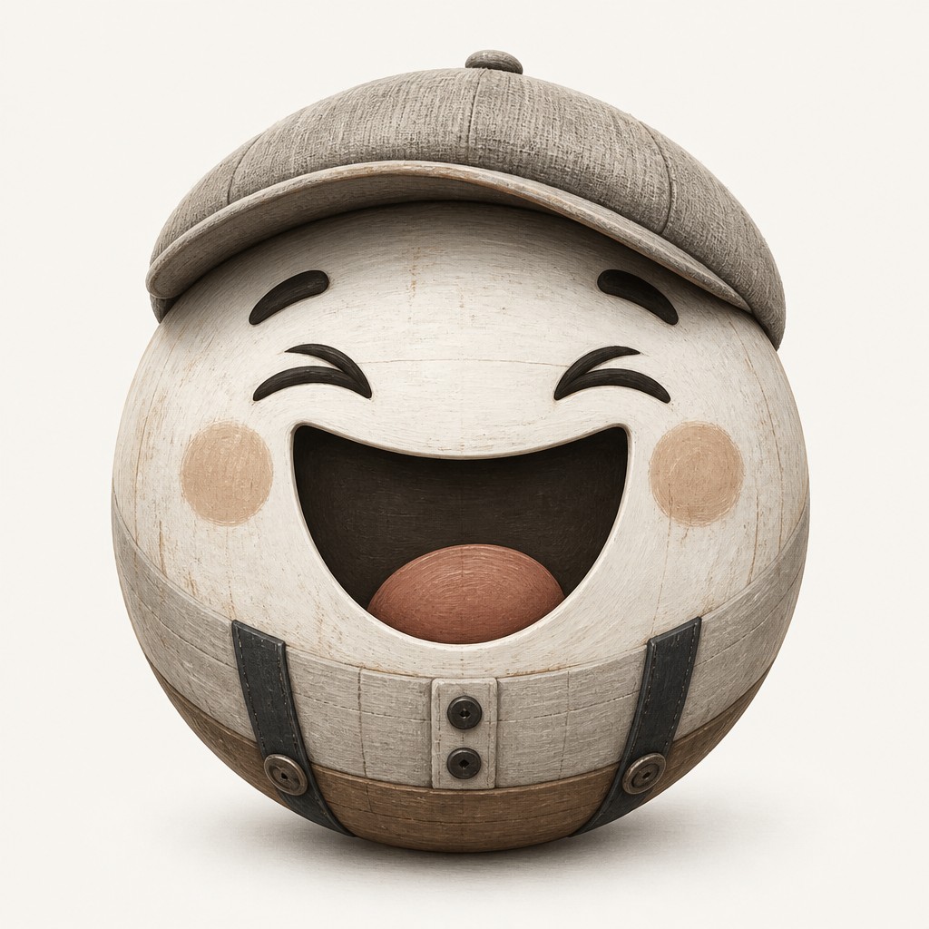 an exaggerated laughing face of an original round mascot character, bold and readable at small size, plain background, no text — Modern Farmhouse Interior Design Twitch emote