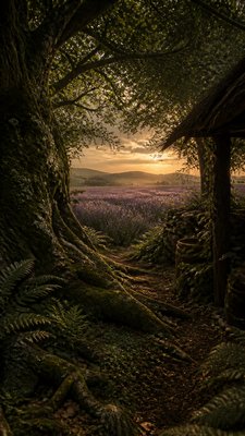 a field of lavender stretching to distant hills at dusk, no people — Forestcore Aesthetic wallpaper