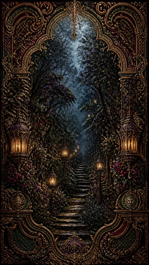 a mysterious forest path with fireflies and drifting mist, atmospheric vertical composition with open space at the top, no text — Victorian Architecture Art book cover
