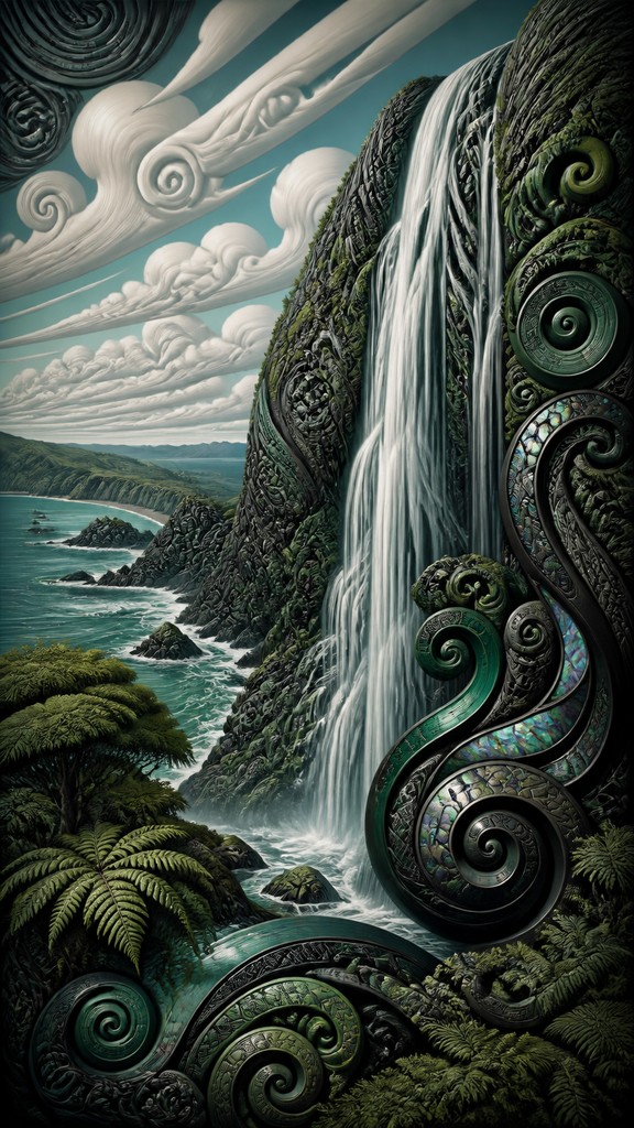 towering waterfall cascading down a cliff — New Zealand Art Style