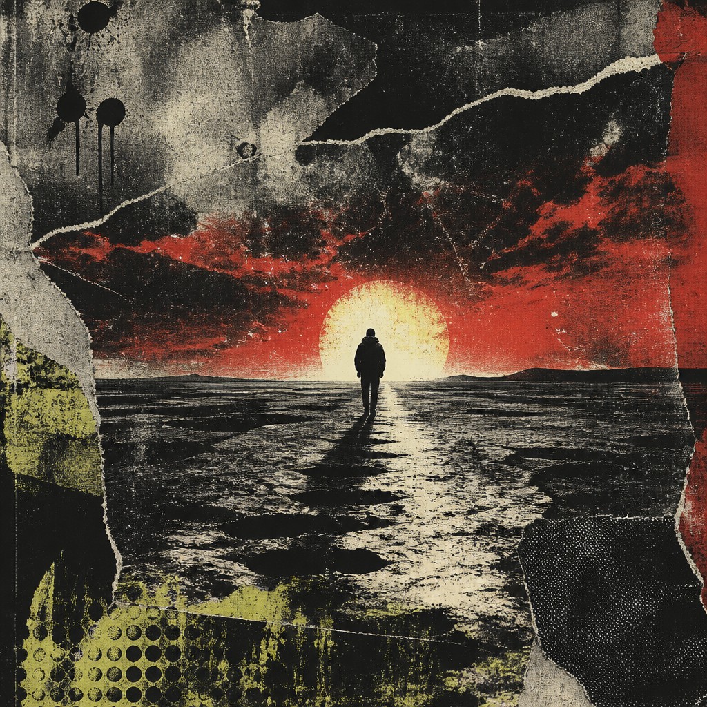a solitary figure walking toward a glowing horizon across an empty plain, moody atmosphere, no text or lettering — Grunge Aesthetic album cover