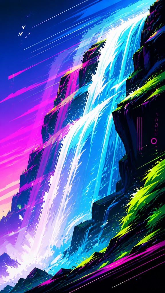 towering waterfall cascading down a cliff — Motion Graphics Digital Art Style