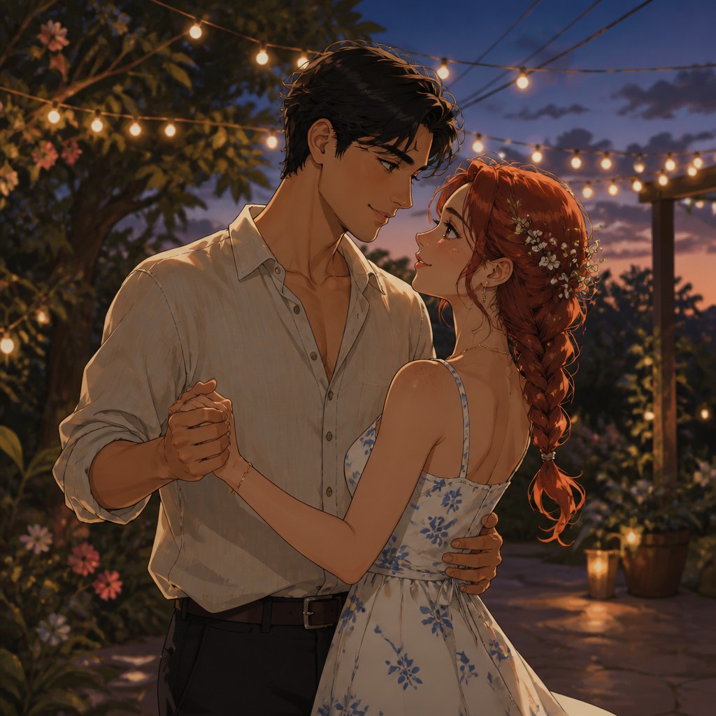 an original couple dancing under string lights in a garden at dusk: a man with short black hair in a linen shirt and a woman with braided red hair in a summer dress — Semi-Realistic Anime Art Style couple portrait