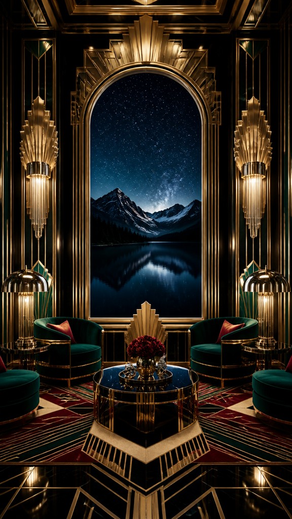 a tranquil mountain lake beneath a starry night sky, no people, no text — Art Deco Interior Design phone wallpaper