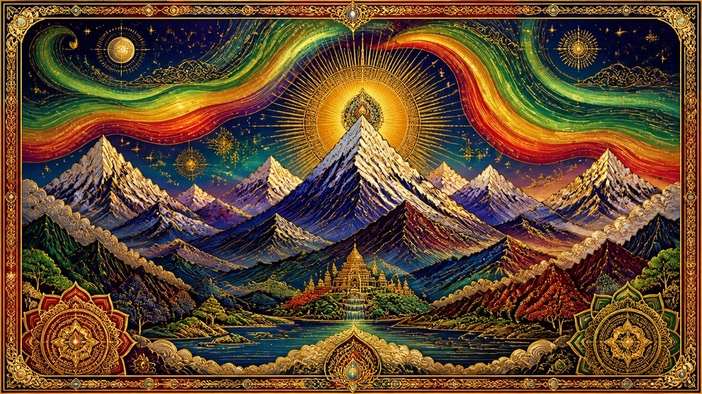 a flowing aurora over snowy peaks, wide sweeping composition, no people, no text — Hindu Religious Art banner
