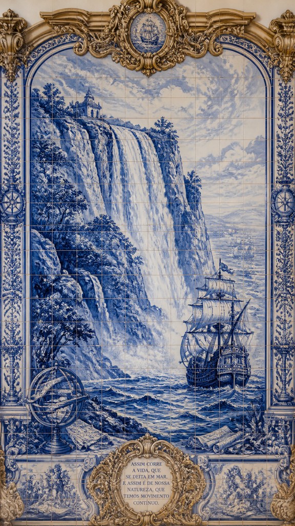 towering waterfall cascading down a cliff — Portuguese Art Style
