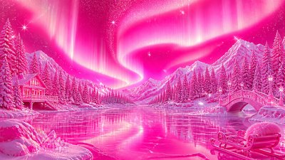 a sweeping aurora over a frozen lake, no people — Barbiecore Aesthetic wallpaper