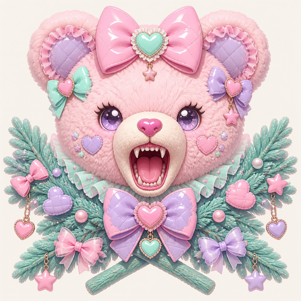 a roaring bear head above crossed pine branches, bold graphic composition on a plain background, no text — Kawaii Fashion Style t-shirt design