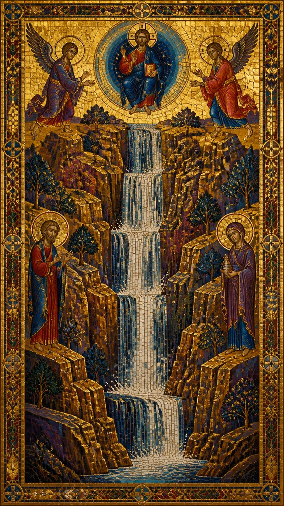 towering waterfall cascading down a cliff — Byzantine Classical Art Style