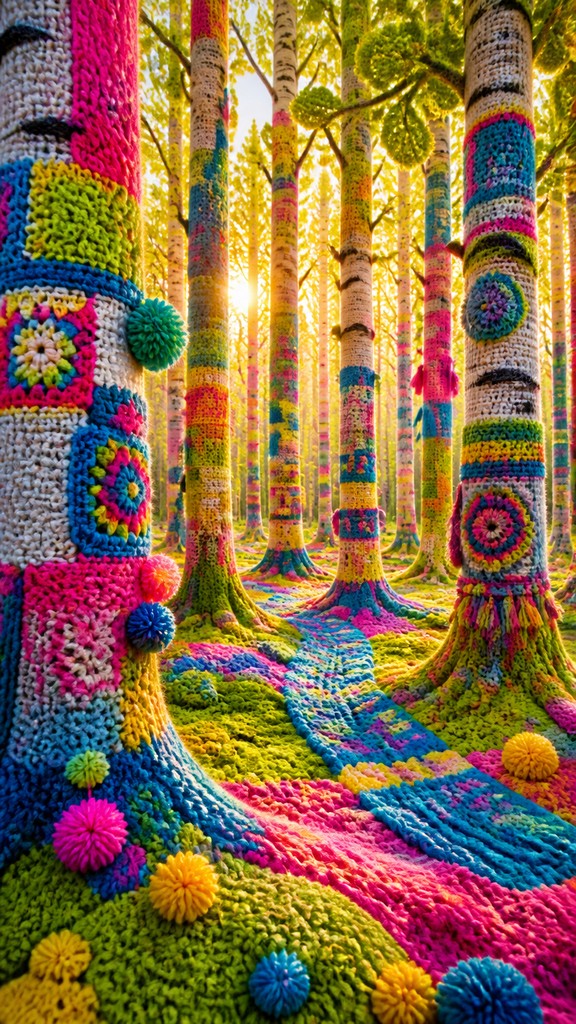 a serene birch forest in soft morning light, no people, no text — Yarn Bombing Street Art Style wall art print