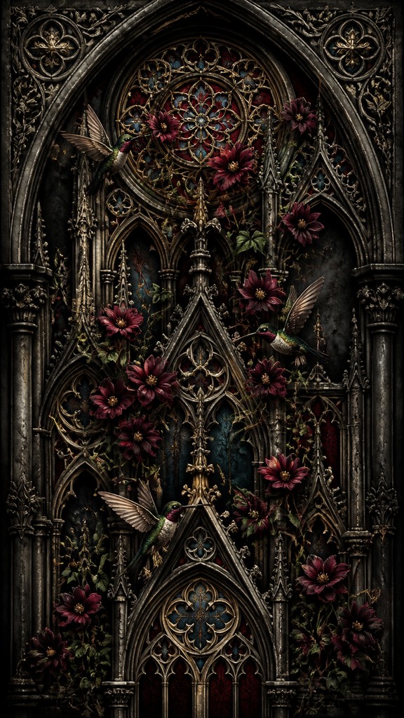 a climbing vine of flowers and hummingbirds on a dark background, tall wrapping composition, no text — Gothic Architecture Art phone case design