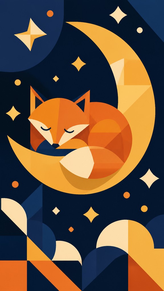 a sleeping baby fox curled on a crescent moon among soft stars, gentle and warm, no text — Abstract Geometric Art baby announcement