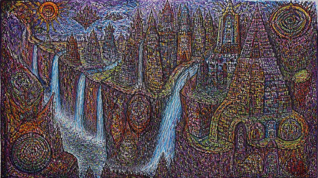 a cliffside city with waterfalls cascading into a misty canyon, wide establishing shot, no people, no text — Outsider Art Style concept art
