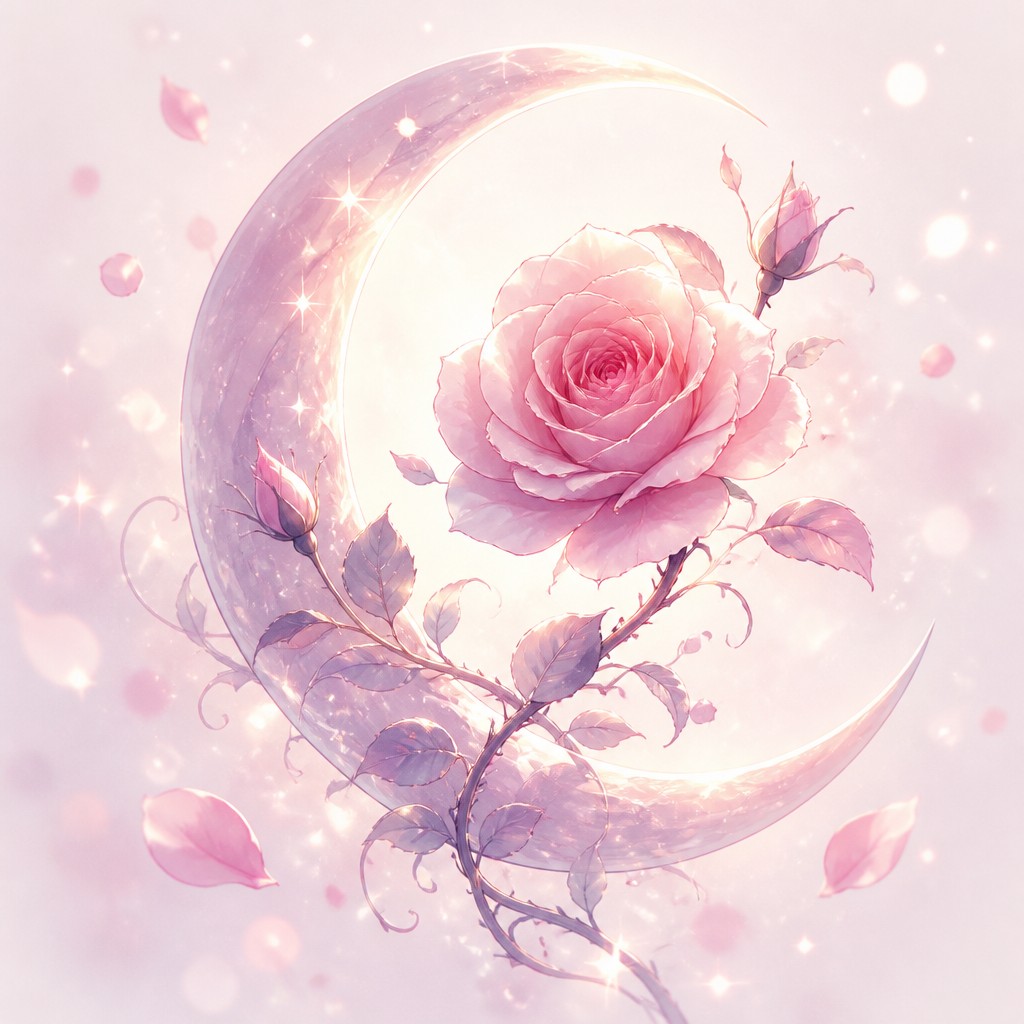 a rose entwined with a crescent moon, clean balanced composition on a plain background, no text — Shoujo Romance Anime Art Style tattoo design