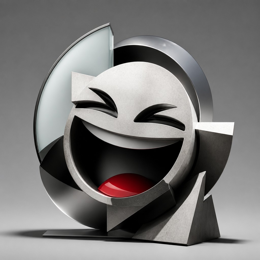 an exaggerated laughing face of an original round mascot character, bold and readable at small size, plain background, no text — Modern Abstract Sculpture Art Style Twitch emote