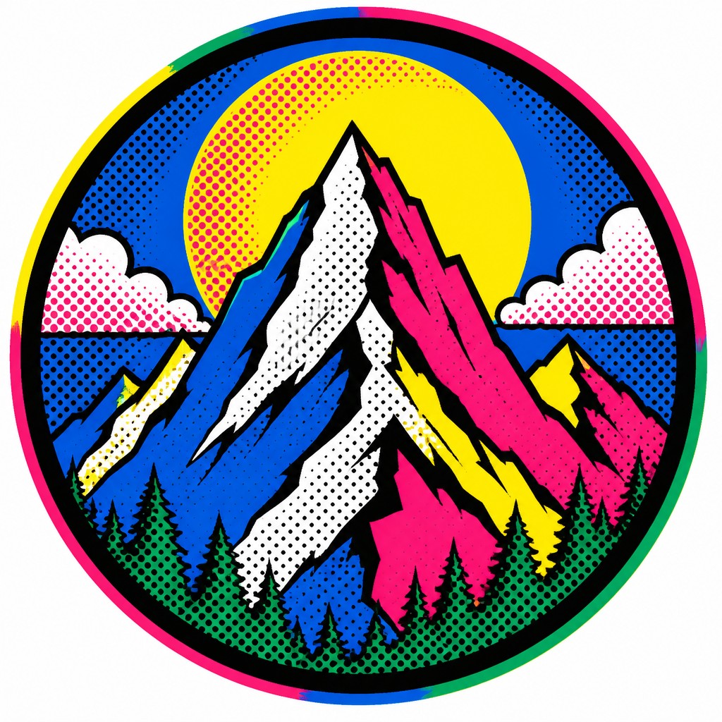 an emblem of a mountain peak inside a circle, simple bold shapes on a plain background, no text or lettering — Pop Art Still Life Art Style logo concept