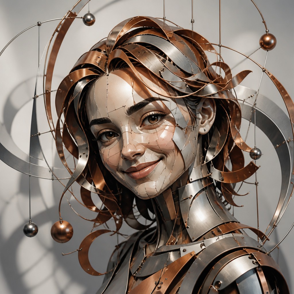 head-and-shoulders portrait of an original character: a young woman with wavy chestnut hair and a warm smile, plain soft backdrop — Kinetic Sculpture Art Style profile picture