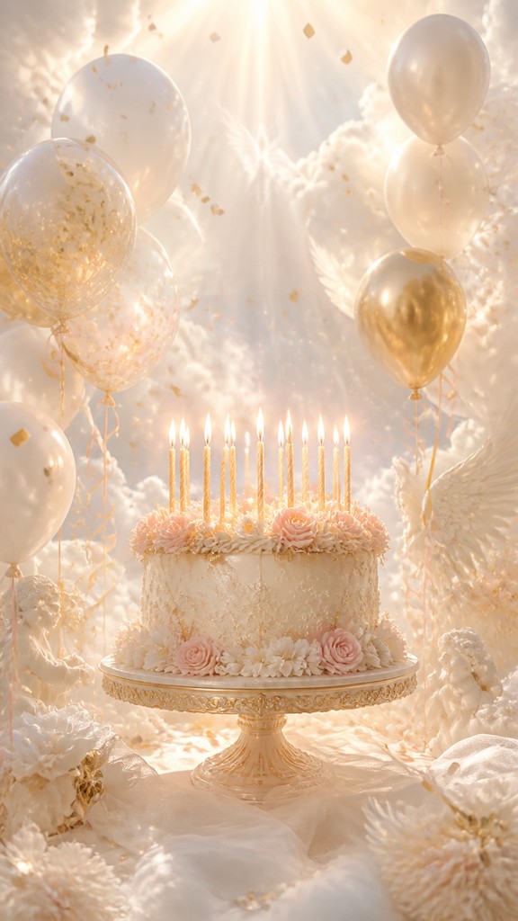 a birthday cake with lit candles surrounded by balloons and confetti, festive vertical composition, no text — Angelcore Aesthetic birthday card