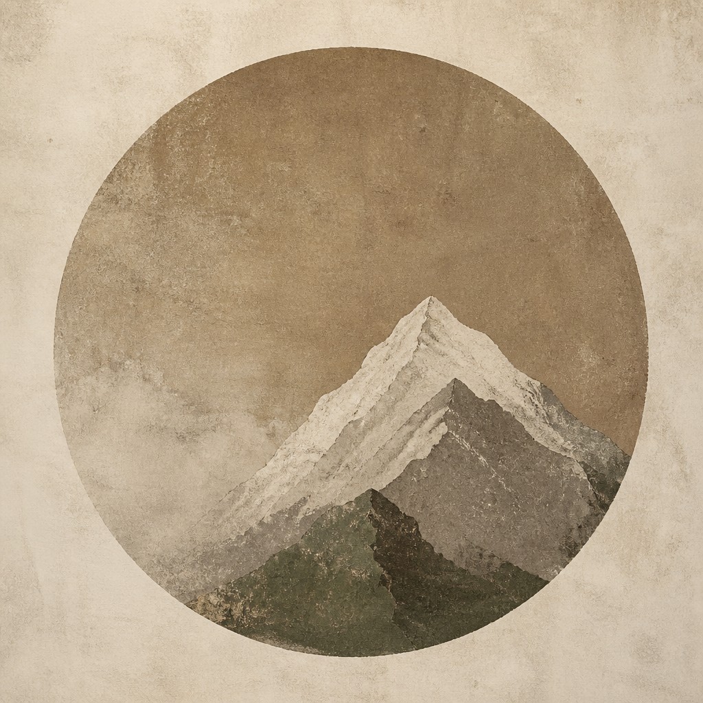 an emblem of a mountain peak inside a circle, simple bold shapes on a plain background, no text or lettering — Wabi Sabi Art Style logo concept