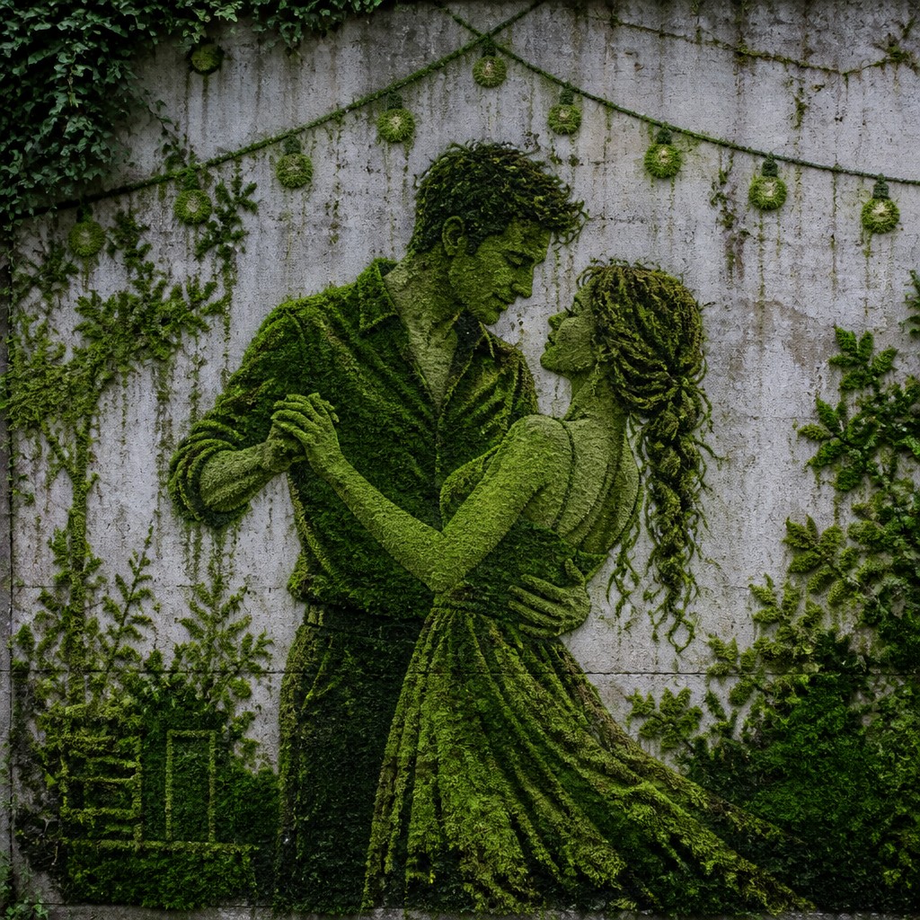 an original couple dancing under string lights in a garden at dusk: a man with short black hair in a linen shirt and a woman with braided red hair in a summer dress — Moss Graffiti Street Art Style couple portrait