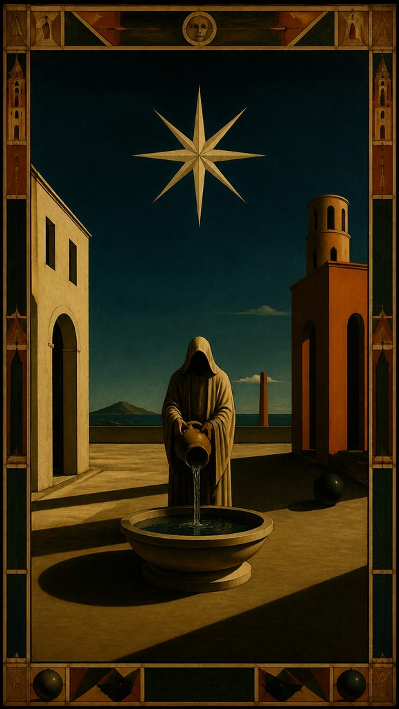 a robed figure pouring water beneath a large eight-pointed star in a night sky, symmetrical composition with an ornate decorative border, no text — Metaphysical Painting Art Style tarot card