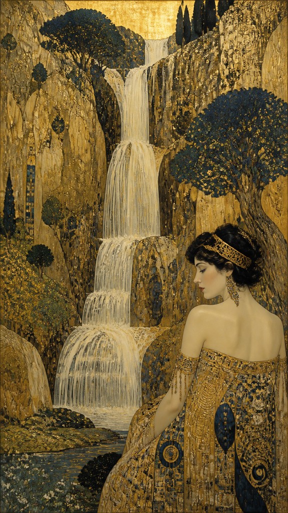 towering waterfall cascading down a cliff — Austrian Art Style