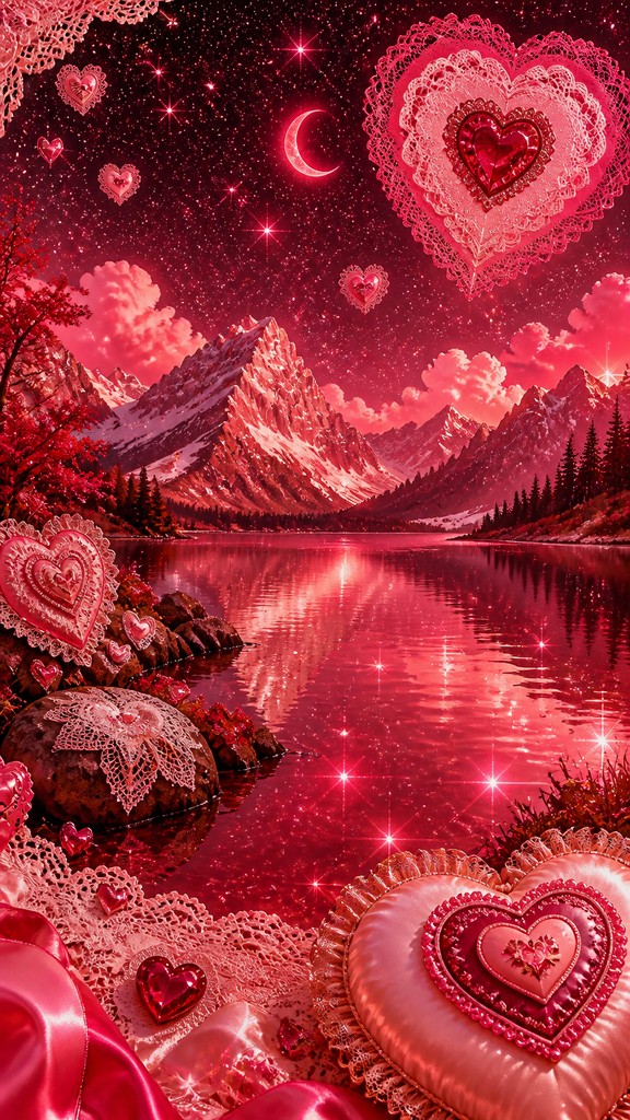 a tranquil mountain lake beneath a starry night sky, no people, no text — Lovecore Aesthetic phone wallpaper