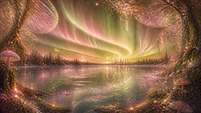 a sweeping aurora over a frozen lake, no people — Fairycore Aesthetic wallpaper
