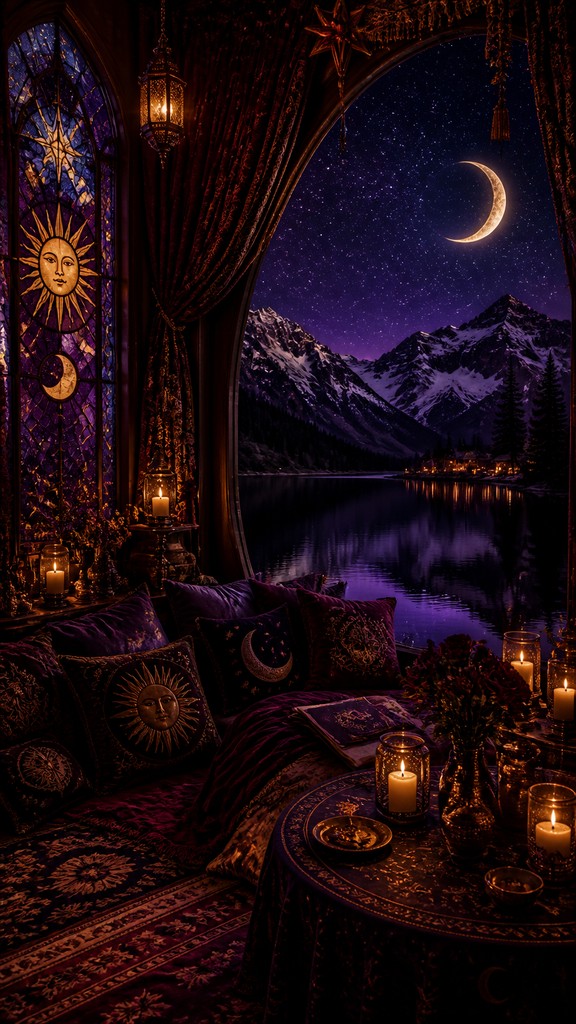 a tranquil mountain lake beneath a starry night sky, no people, no text — Whimsigoth Aesthetic phone wallpaper