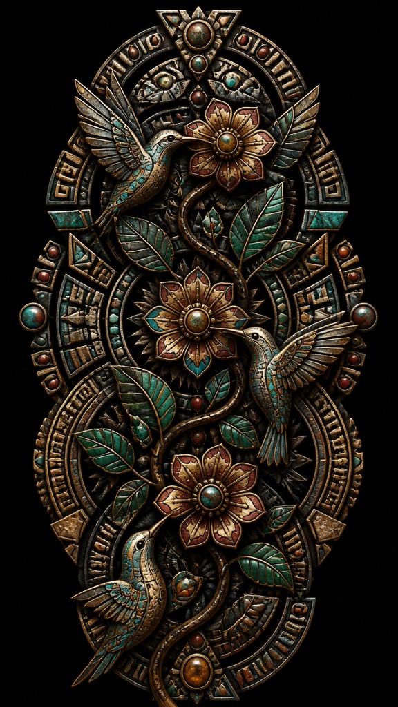a climbing vine of flowers and hummingbirds on a dark background, tall wrapping composition, no text — Ethnic Tribal Jewelry Design phone case design