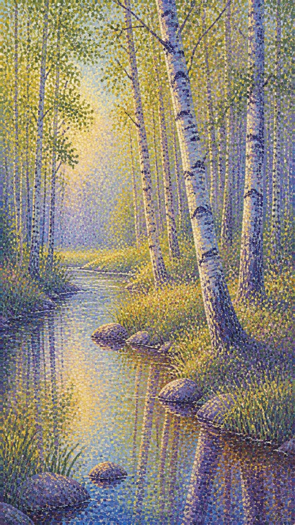 a serene birch forest in soft morning light, no people, no text — Pointillist Impressionism Art Style wall art print