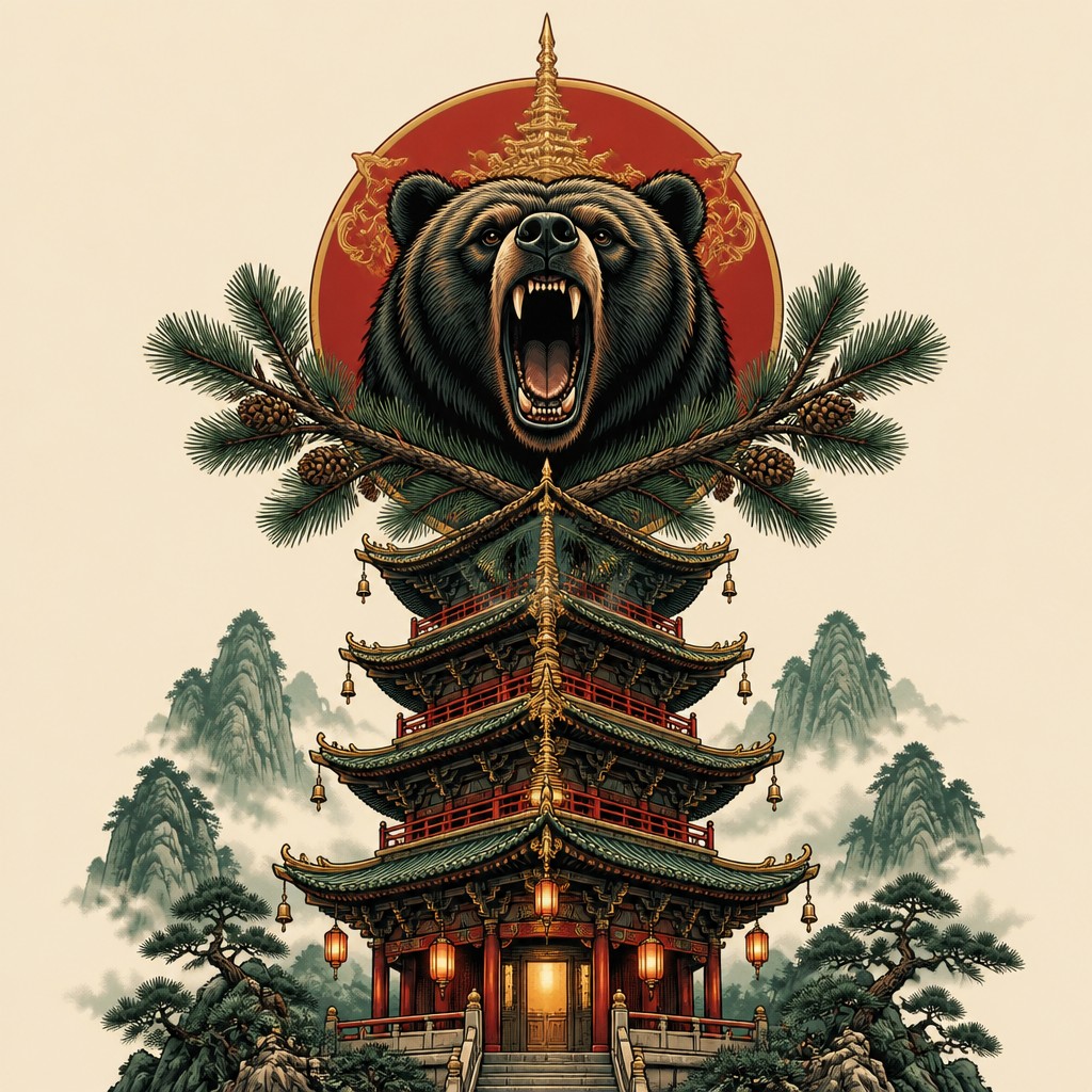 a roaring bear head above crossed pine branches, bold graphic composition on a plain background, no text — Pagoda Architecture Style t-shirt design