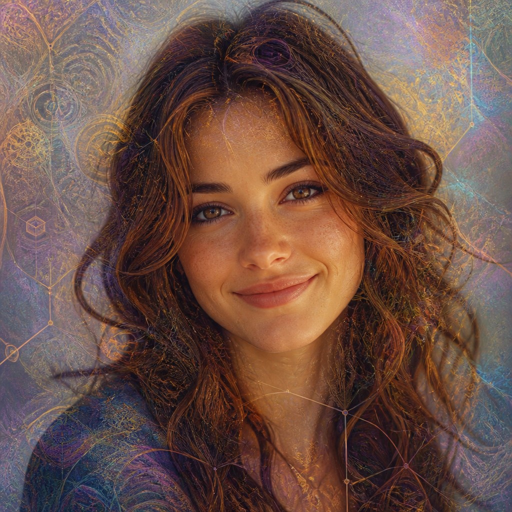 head-and-shoulders portrait of an original character: a young woman with wavy chestnut hair and a warm smile, plain soft backdrop — Neural Network Digital Art Style profile picture