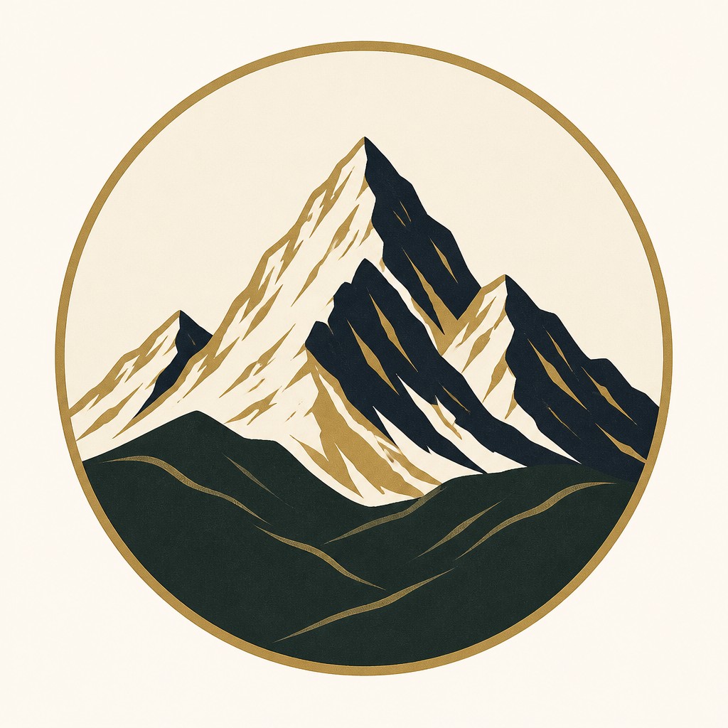 an emblem of a mountain peak inside a circle, simple bold shapes on a plain background, no text or lettering — Old Money Fashion Style logo concept