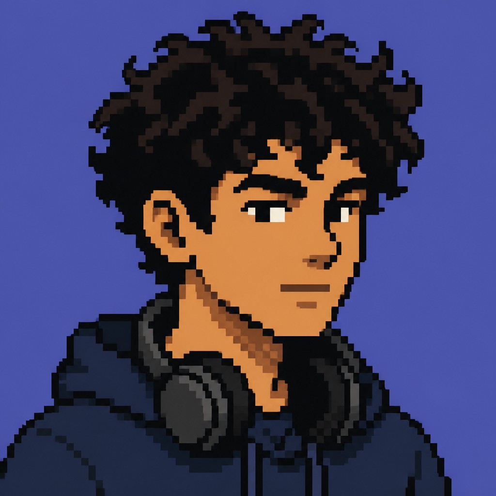 head-and-shoulders portrait of an original character: a young man with curly dark hair and headphones around his neck, plain backdrop, no text — 8-Bit Pixel Art Style Discord profile picture